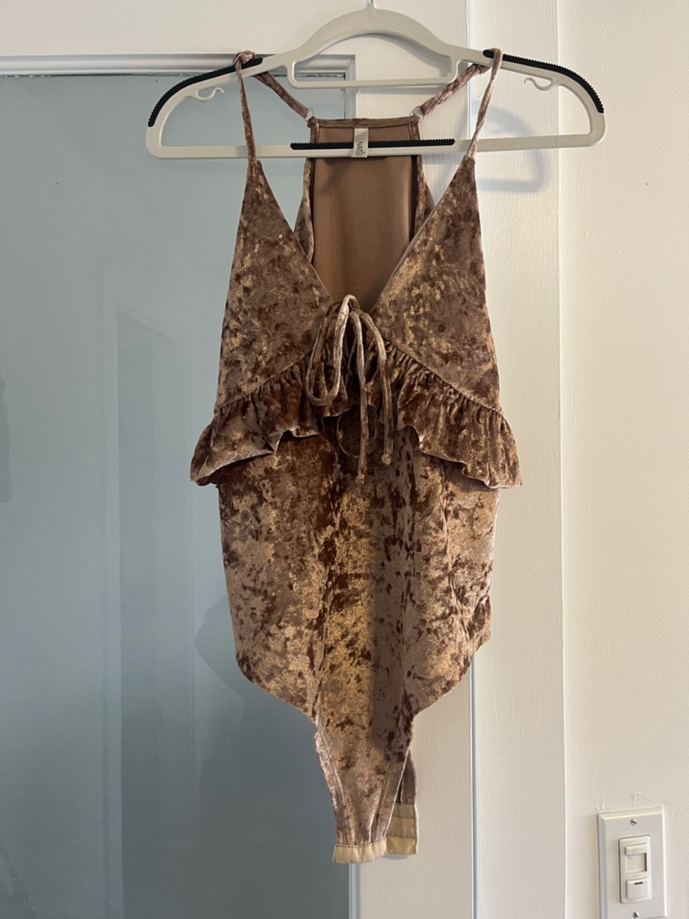 Velvet Ruffle Front Bodysuit in Taupe
